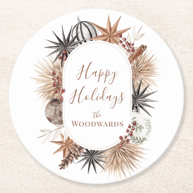 Posavasos Redondo De Papel Navidad Botánica Boho Personalizada (Anverso)