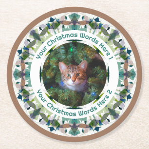 Posavasos Redondo De Papel Navidad personalizada verde marrón familia foto fi