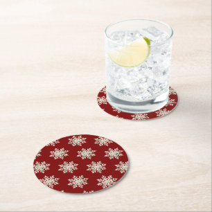 Posavasos Redondo De Papel Navidad roja copo de nieve crema