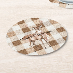 Posavasos Redondo De Papel Navidad Rústico Crema Marrón Cuadros Ciervo