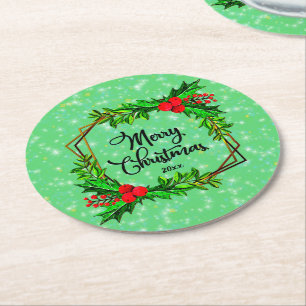 Posavasos Redondo De Papel Navidades 20xx Holly Red Berries Verde Moderno