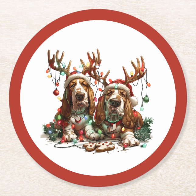 Posavasos Redondo De Papel Navidades Basset Hound Dogs (Anverso)