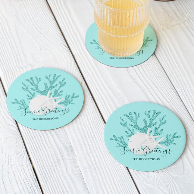 Posavasos Redondo De Papel Navidades Beach Sand Dollar Starfish Aqua Blue (Subido por el creador)