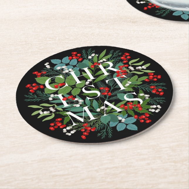 Posavasos Redondo De Papel NAVIDADES Berries Greenery Holiday Black (En perspectiva)