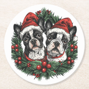 Posavasos Redondo De Papel Navidades Boston Terrier Dogs Holiday Wreath