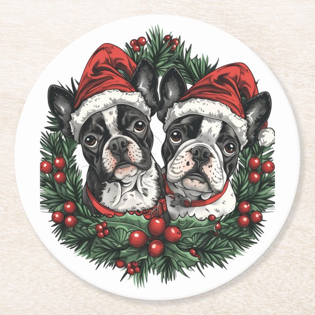 Posavasos Redondo De Papel Navidades Boston Terrier Dogs Holiday Wreath (Anverso)