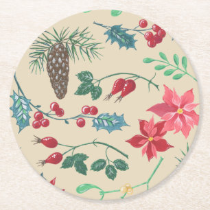 Posavasos Redondo De Papel Navidades botánicos tradicionales (beige)