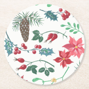 Posavasos Redondo De Papel Navidades botánicos tradicionales (blanco)