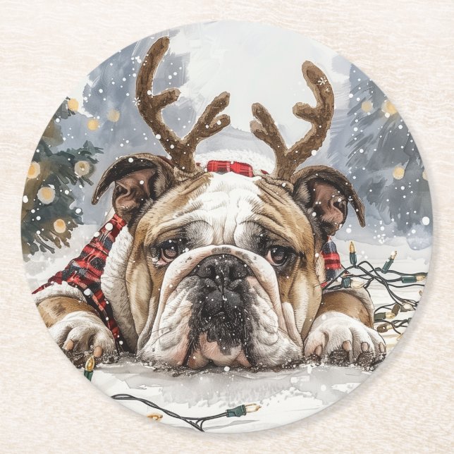 Posavasos Redondo De Papel Navidades Bulldog inglés reno (Anverso)