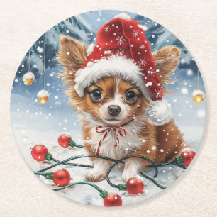 Posavasos Redondo De Papel Navidades Chihuahua Santa Dog