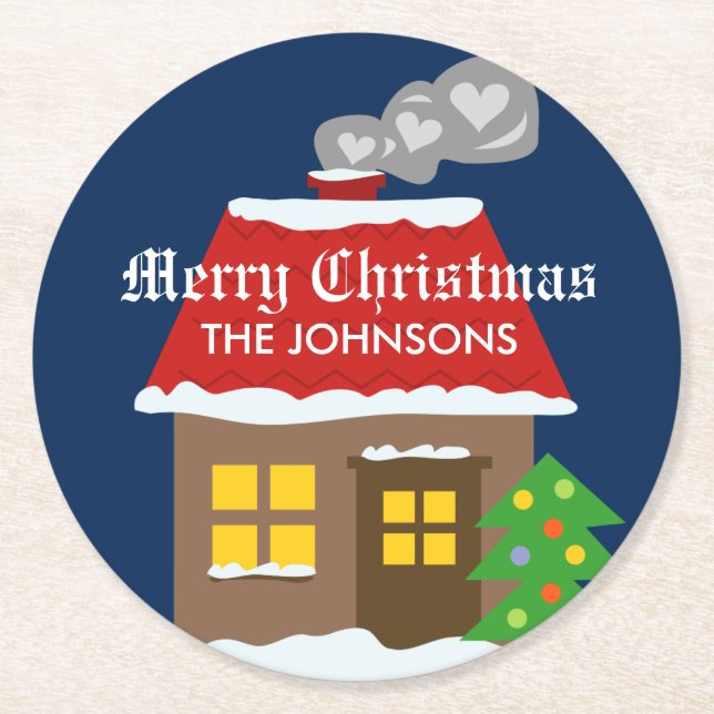 Posavasos Redondo De Papel Navidades con tarta de cabaña de invierno adorable (Anverso)