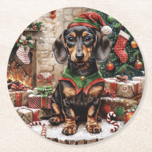 Posavasos Redondo De Papel Navidades Dachshund Perros Elf