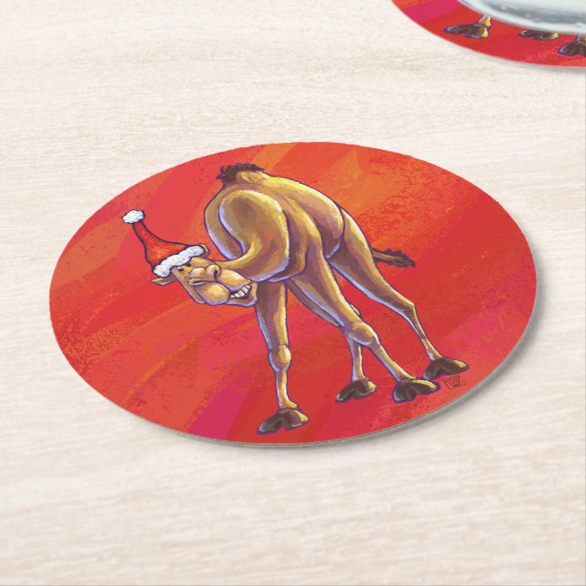 Posavasos Redondo De Papel Navidades De Camellos Cuidados En Rojo (En perspectiva)