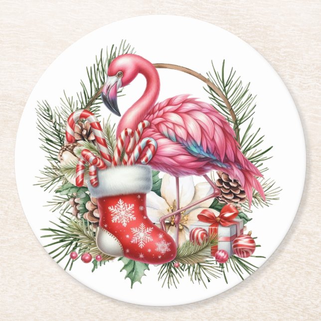 Posavasos Redondo De Papel Navidades de Flamingo Tema (Anverso)