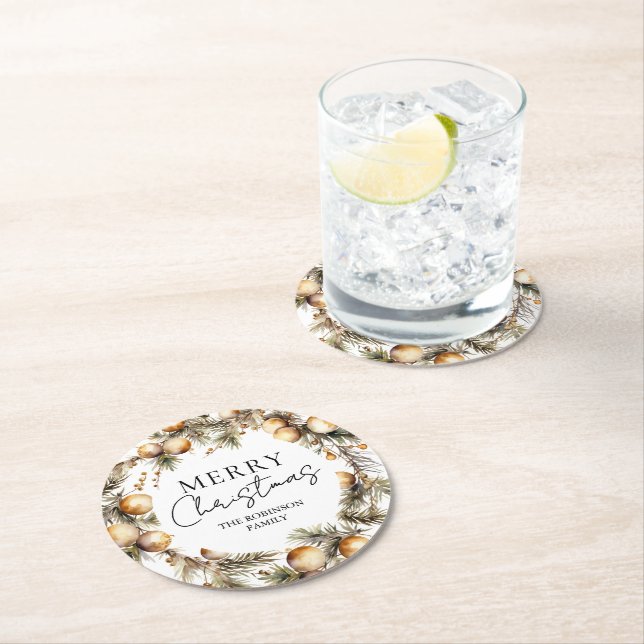 Posavasos Redondo De Papel Navidades de Foliage Gold de acuarela (In situ)