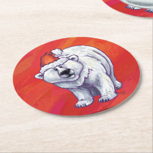 Posavasos Redondo De Papel Navidades De Oso Polar En Rojo