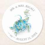 Posavasos Redondo De Papel Navidades de playa tropical tortuga marina<br><div class="desc">Las tortugas de Navidades tropicales de playa fueron diseñadas usando una réplica de mi original tortuga azul turquesa de color agua con una pizca de vegetación navideña. Personalice su nombre y fecha de boda. Para ver más lindos favores de boda en la playa tropical y decoración de fiestas de vacaciones...</div>