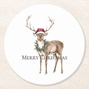 Posavasos Redondo De Papel Navidades de renos Gorras rojos