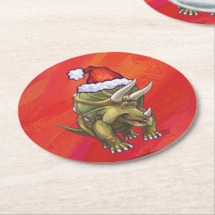 Posavasos Redondo De Papel Navidades De Triceratops En Rojo