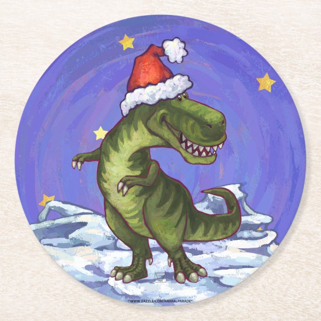 Posavasos Redondo De Papel Navidades de Tyrannosaurus (Anverso)