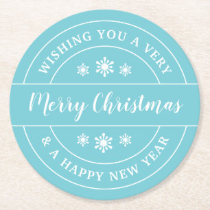 Posavasos Redondo De Papel Navidades desean tipografía azul con copos de niev