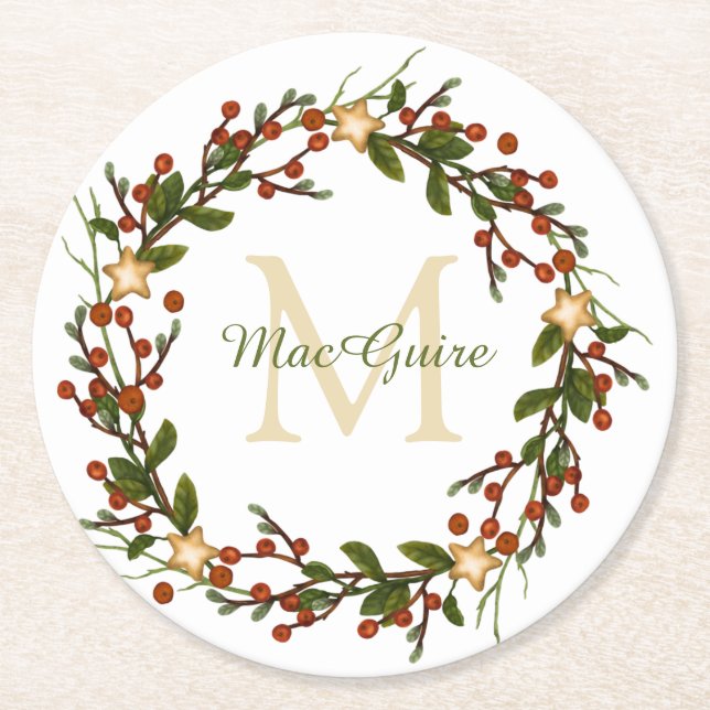 Posavasos Redondo De Papel Navidades elegantes Wreath Monograma inicial (Anverso)