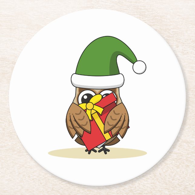 Posavasos Redondo De Papel Navidades Elf Owl con presente (Anverso)