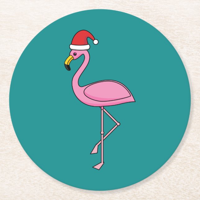 Posavasos Redondo De Papel Navidades Flamingo con Santa Hat (Anverso)