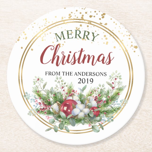 Posavasos Redondo De Papel Navidades florales de Feliz Navidad (Anverso)