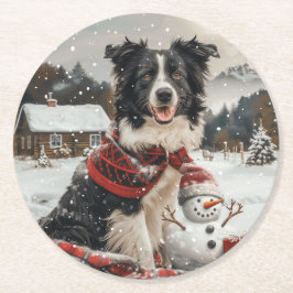 Posavasos Redondo De Papel Navidades Fronteriza Perro de Collie Snowman