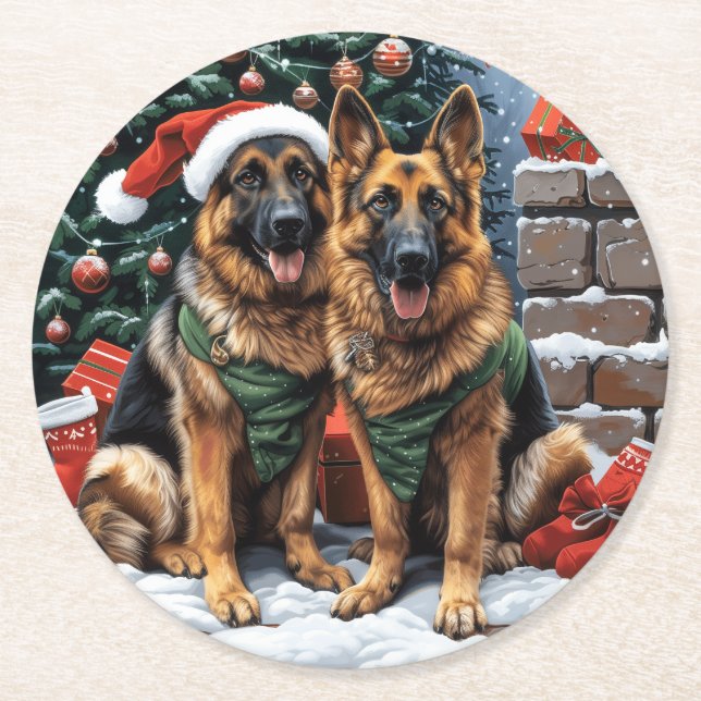 Posavasos Redondo De Papel Navidades German Shepherd Dogs (Anverso)