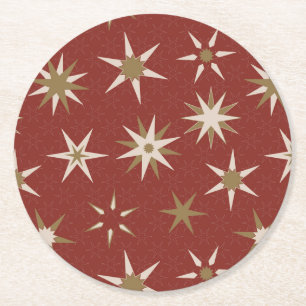 Posavasos Redondo De Papel Navidades Gold Geo Stars - con un patrón rojo.