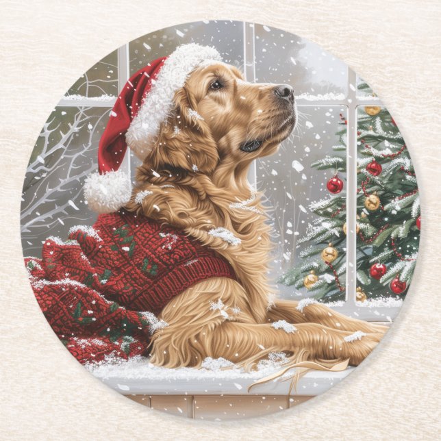 Posavasos Redondo De Papel Navidades Golden Retriever Santa Dog (Anverso)