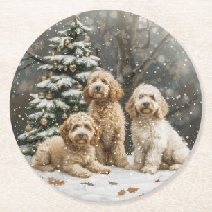 Posavasos Redondo De Papel Navidades Goldendoodle Puppy Dogs