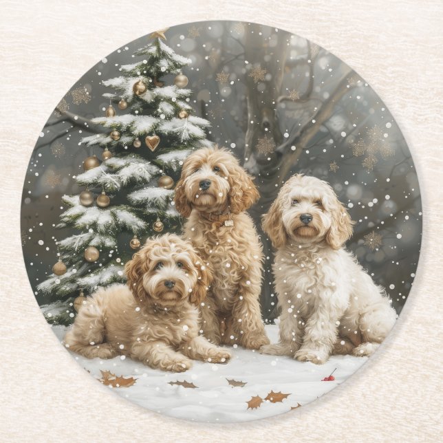 Posavasos Redondo De Papel Navidades Goldendoodle Puppy Dogs (Anverso)