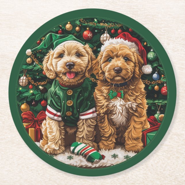 Posavasos Redondo De Papel Navidades Goldendoodle Puppy Dogs (Anverso)