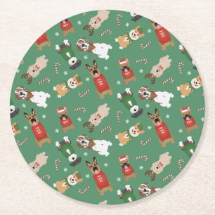 Posavasos Redondo De Papel Navidades Patrón de perros Rojo Verde