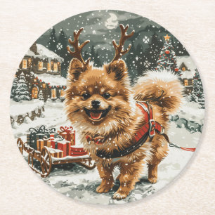 Posavasos Redondo De Papel Navidades Perro reno Pomerania