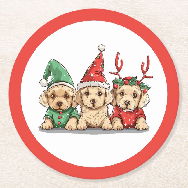 Posavasos Redondo De Papel Navidades Perros recuperadores de labrador amarill (Anverso)