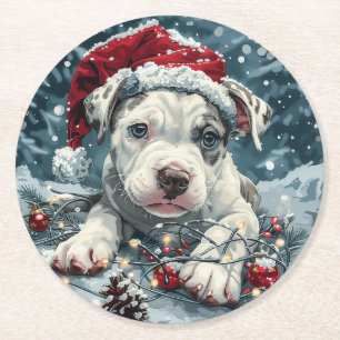 Posavasos Redondo De Papel Navidades Pit Bull Santa Puppy