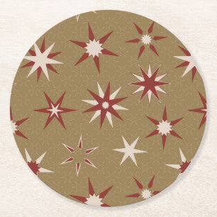 Posavasos Redondo De Papel Navidades Red Geo Stars - en patrón oro.