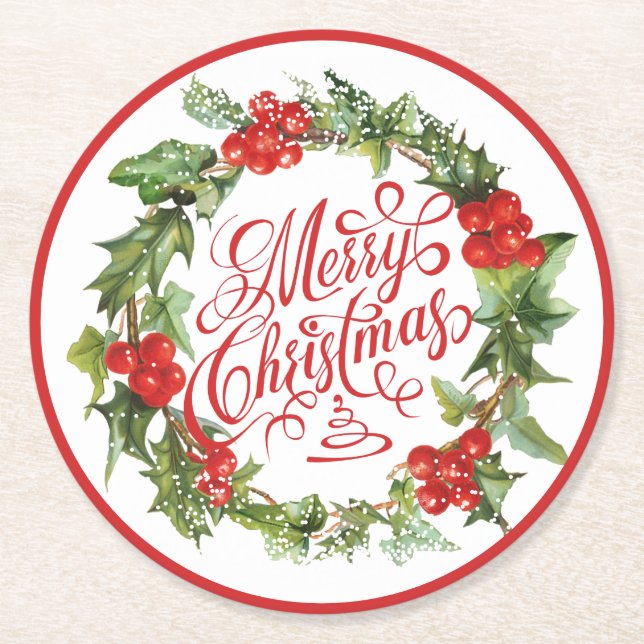 Posavasos Redondo De Papel Navidades Red Green Wreath Holly Ivy Typography (Anverso)