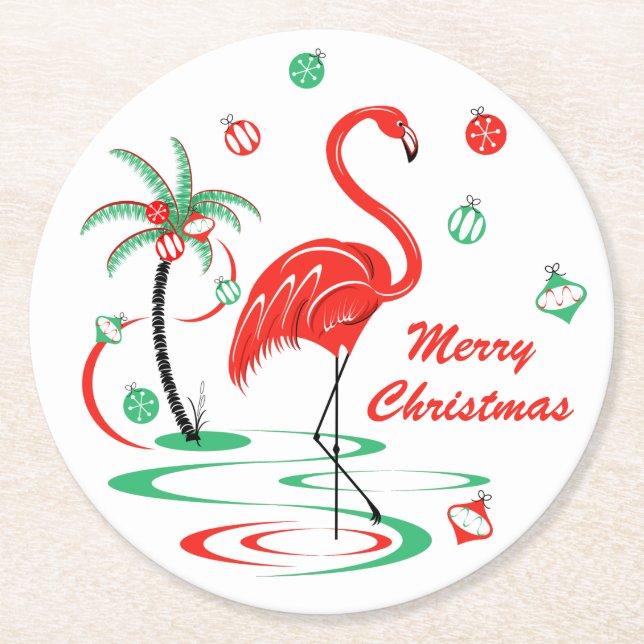 Posavasos Redondo De Papel Navidades rojos Flamingo Baubles Navidades rodeado (Anverso)