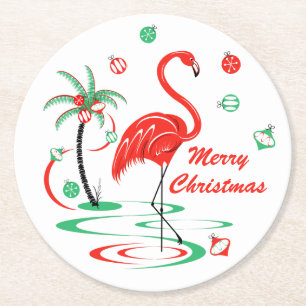 Posavasos Redondo De Papel Navidades rojos Flamingo Feliz Navidad ronda