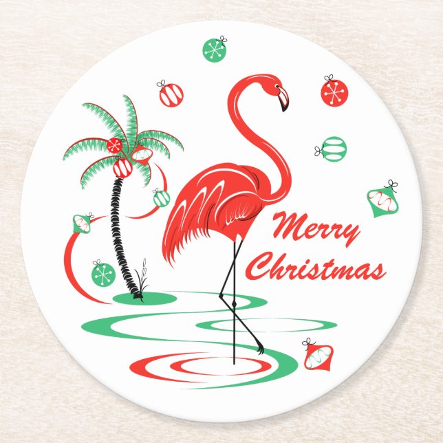 Posavasos Redondo De Papel Navidades rojos Flamingo Feliz Navidad ronda (Anverso)