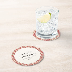 Posavasos Redondo De Papel Navidades rusos rojos de Gingham modernos