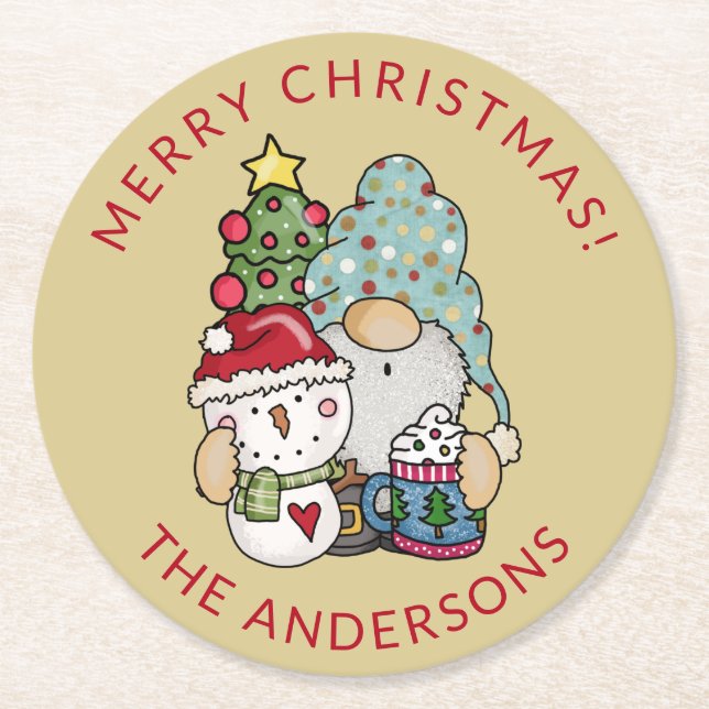 Posavasos Redondo De Papel Navidades Rústicos Gnome Snowman (Anverso)