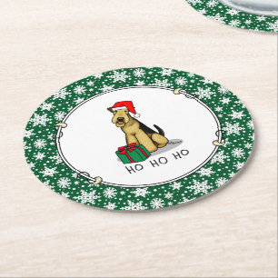 Posavasos Redondo De Papel Navidades Santa Airedale Terrier HO HO Cute