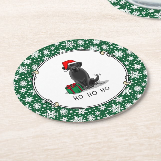 Posavasos Redondo De Papel Navidades Santa Black Labrador Retriever Cute (En perspectiva)