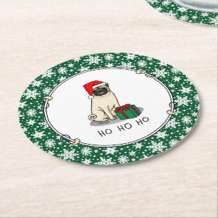Posavasos Redondo De Papel Navidades Santa Hat Pug Dog (flor claro) Cute